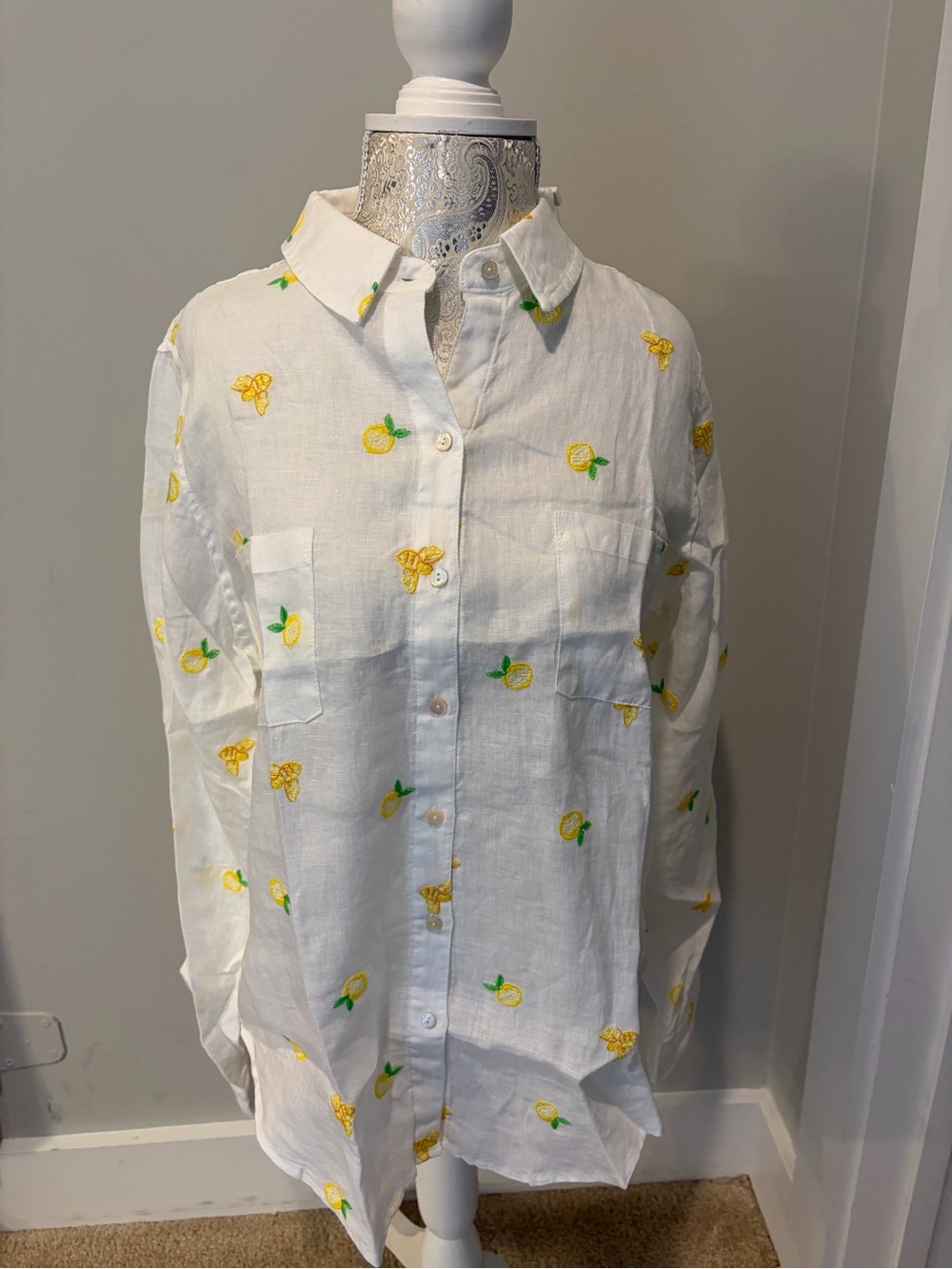 Lilly Pulitzer White Button-Down Shirt with Yellow Lemon Embroidery